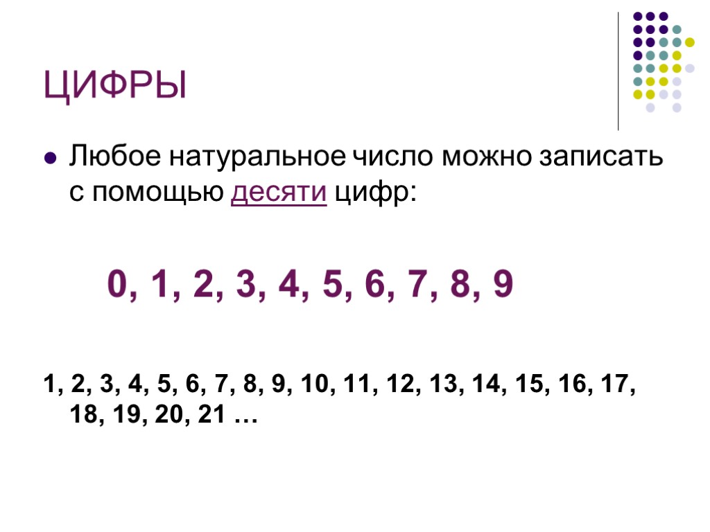 ЦИФРЫ Любое натуральное число можно записать с помощью десяти цифр: 0, 1, 2, 3,